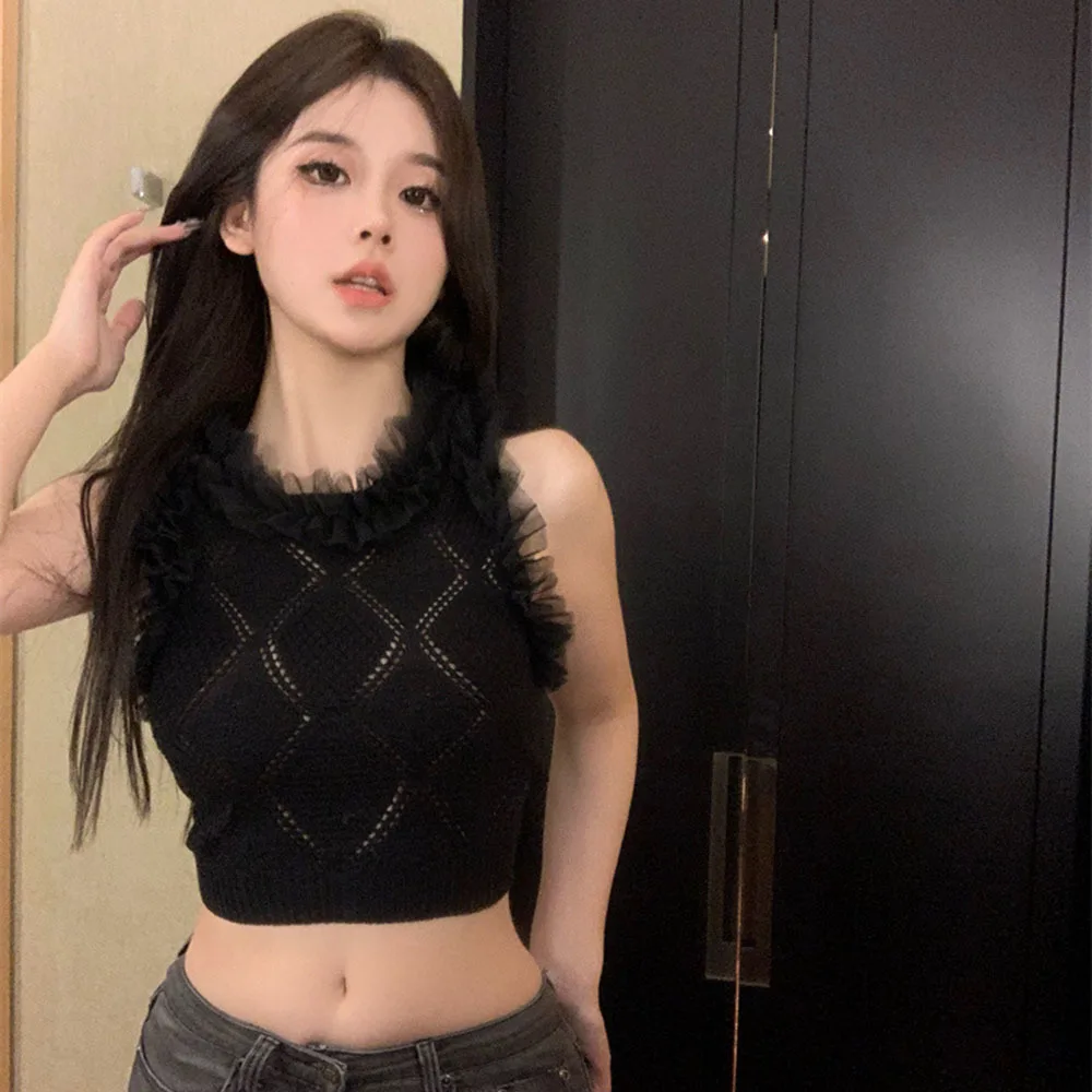 Sexy Knitted Tanks Women Slim Panelled Chic Hot Sweet Summer Crop Tops Elegant Vintage Aesthetic Y2k Fashion Vest Streetwear Tee