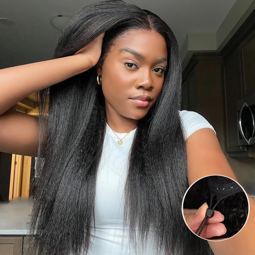 Glueless Yaki Straight Wig Human Hair Invisible Drawstring With Baby Hair Ready To Wear 2x4 Closure Wig No Glue Kinky Wigs 200%