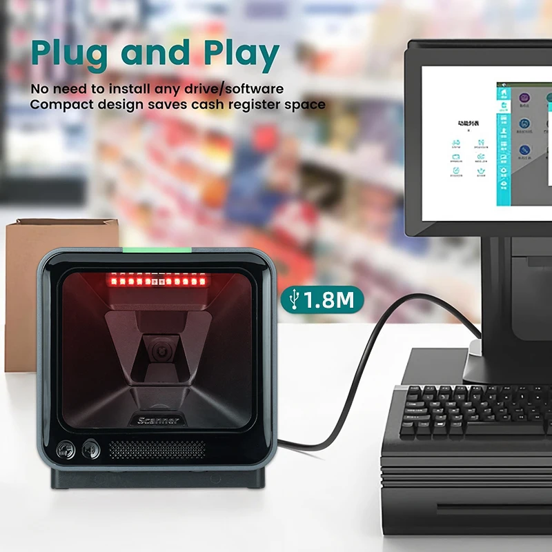 2D Handsfree Barcode Scanner QR Omnidirectional Desktop Scanner, USB Wired  Big Scan Window Barcode Reader