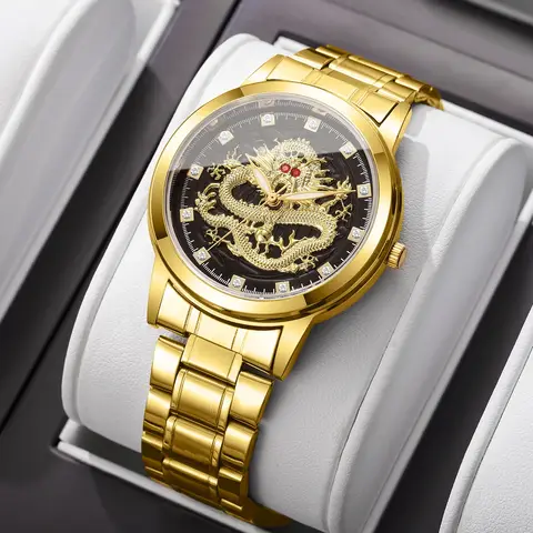 Luxury Men Business Watches Dragon Dial Quartz Watch Stainless Steel Band Male's Quartz Wristwatches Reloj Hombre (Without Box)