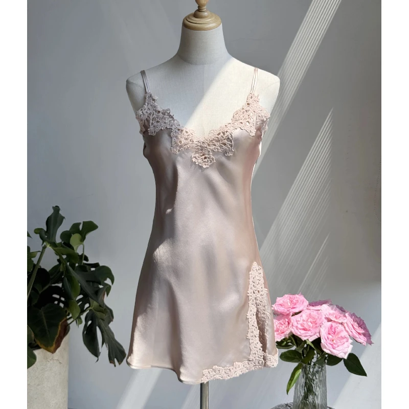 Women 100% Real Silk Slip Nightgown Sandwashed Satin Lace Trim V Neck Side Slit Sexy Camisole Dress Luxury Summer Sleepwear