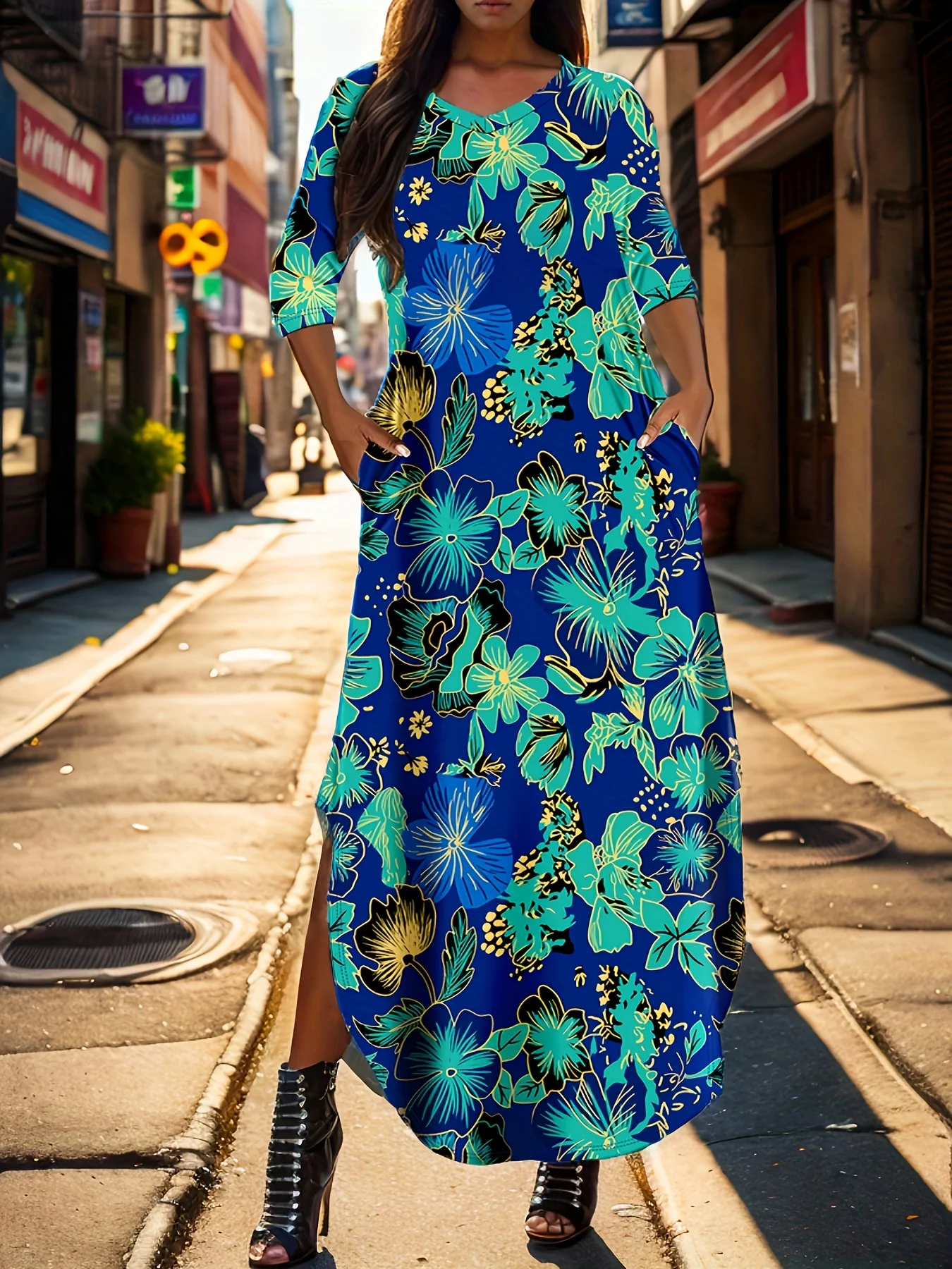 Robe longue à fleurs tropicales dorées pour femmes, base bleue accentuée, manches 3/4, col rond, poches, fente latérale