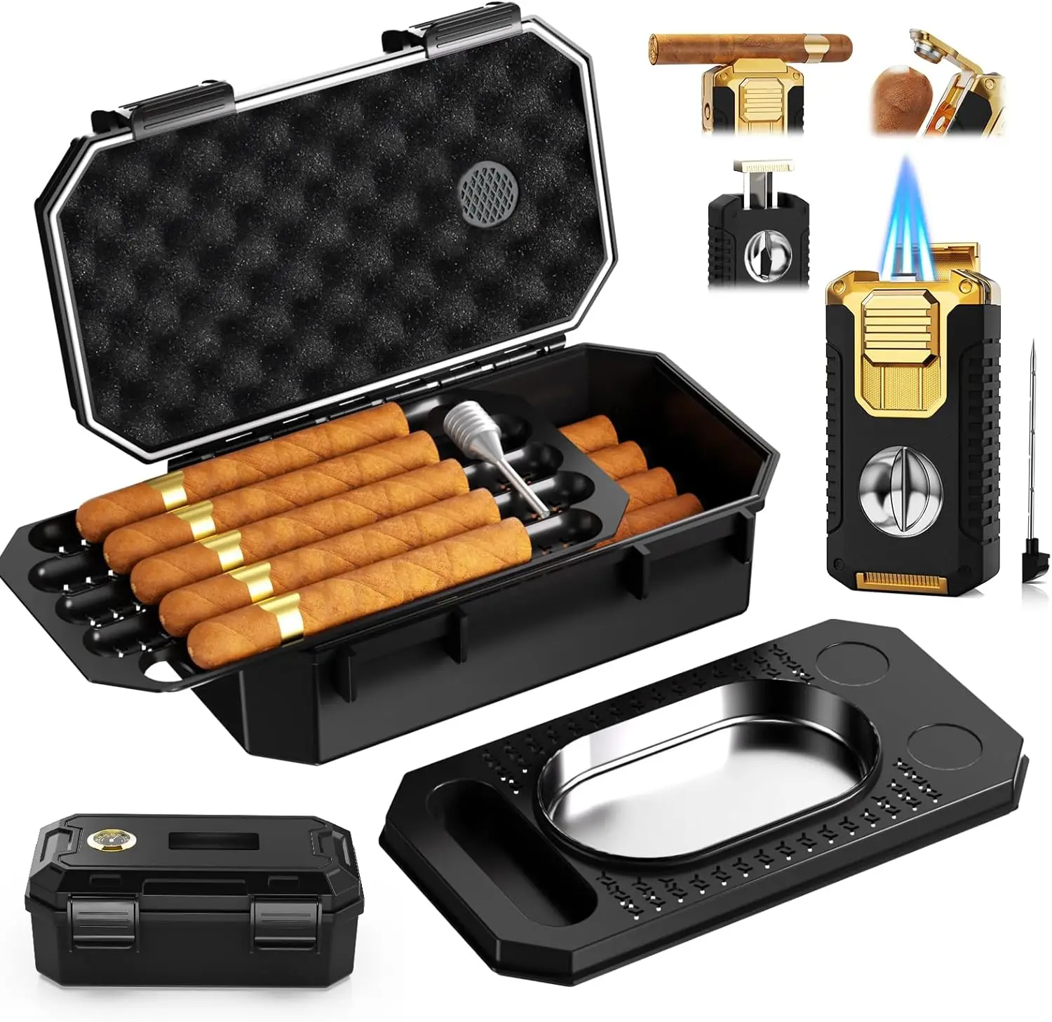 

Portable Travel Cigar Case Set with Ashtray, Lighter, Tools & Hygrometer - Ideal Men's Gift