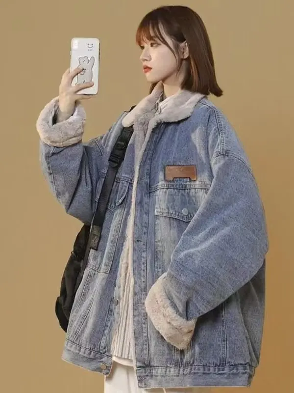 

Lamb Fur Lined Thiened Denim Jaet ex Winter Warm Cotton Coat Loose Sle Faionable Trendy Couple Outerwear