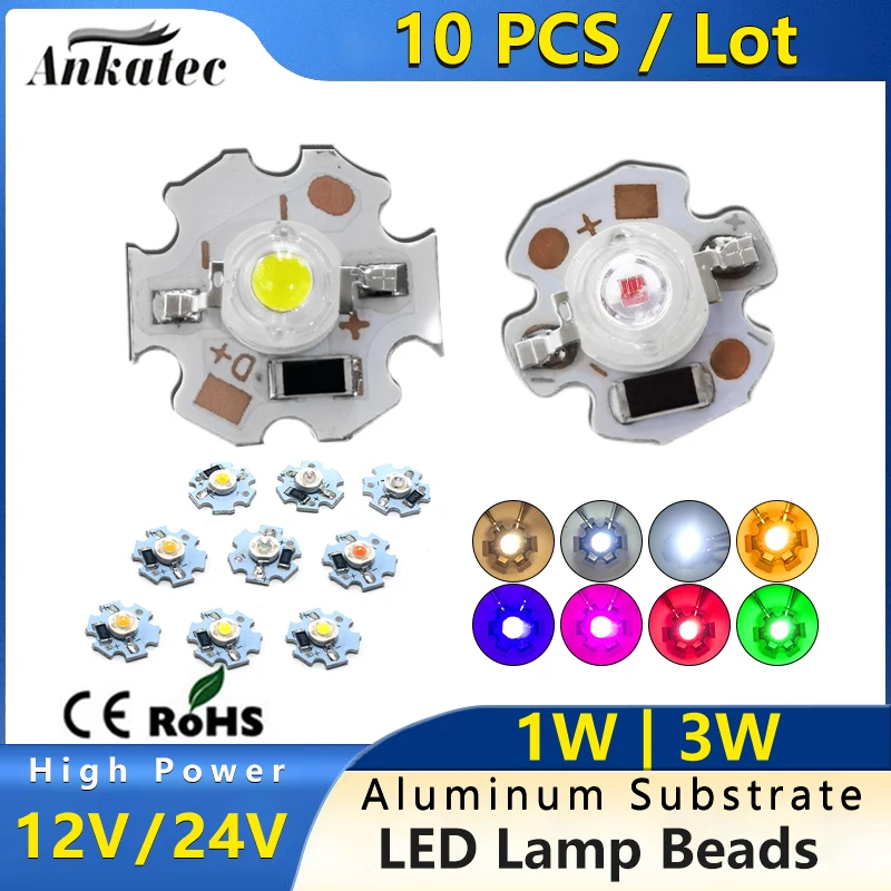 10PCS 12V 24V DC LED High Power Single Color Bead 1W 3W z aluminiową płytką Ciepła biel Czerwony Zielony Niebieski Różowy Złoty Żółty Chip lampy