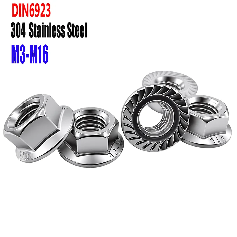 M3 M4 M5 M6 M8 M10 M12 M16 304 Stainless steel Hexagon Hex Head Serrated Spinlock Lock Flange Nuts DIN6923 2/5/10/20/25/50Pcs