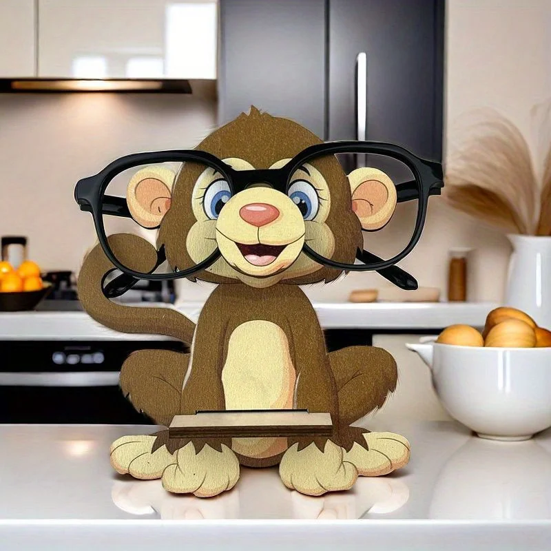 2D 1PCS Cute Cartoon-like Monkey Wooden Eyeglass Holder Multi-functional Desktop Organizer Fun Home Office Decor Holiday Gift
