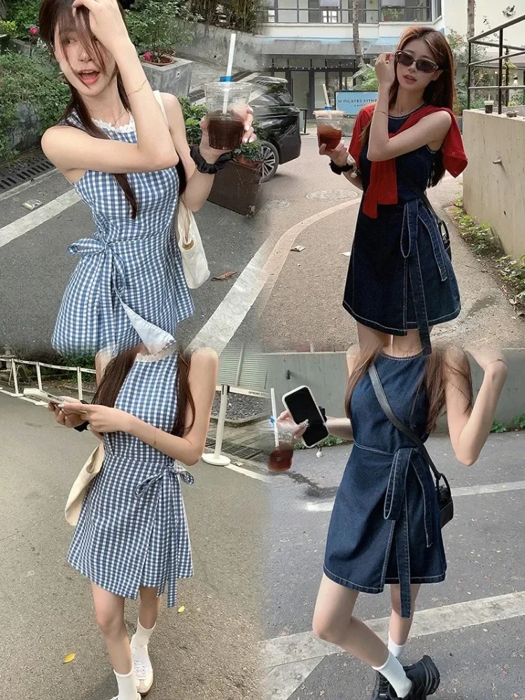 New Solid Color Women's Sleeveless Round Neck Denim Dress Summer Korean Fashion Waist Tie Up Casual Women Checkered Mini Dress