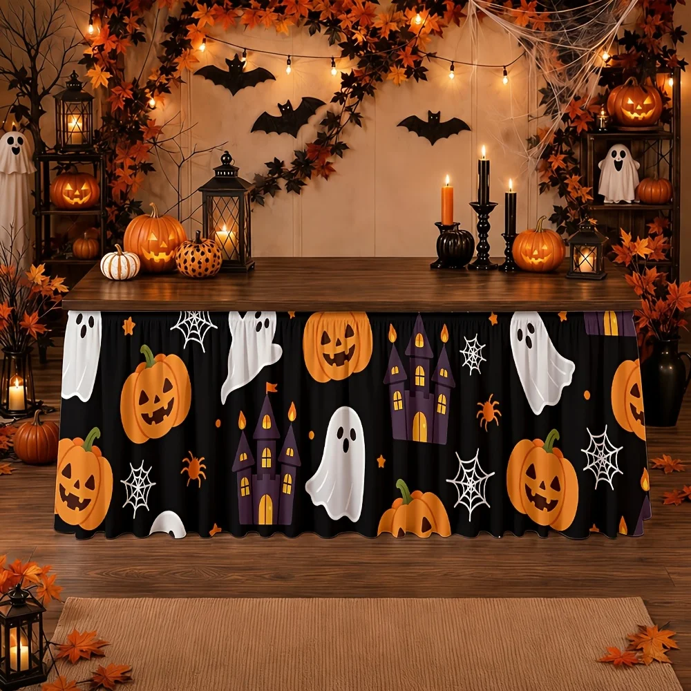 Halloween-themed tablecloth/ tablecloth, featuring terrifying pumpkins, ghosts, haunted houses and spider webs