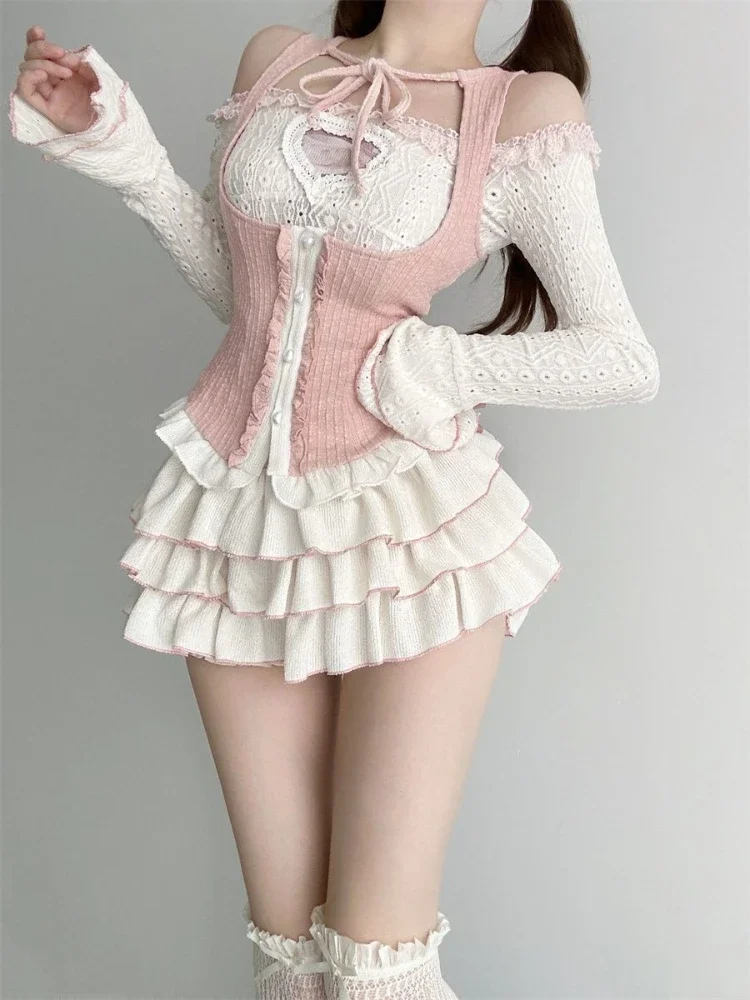 Imagem -03 - Mulheres Japonesas Kawaii Lolita Conjunto de Peças Coreano Doce Terno de Saia Fofo Blusa Feminina Fora do Ombro Colete Rosa Mini Saia de Festa