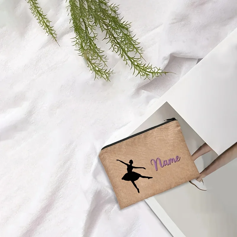 Personalized Ballet Pattern Linen Makeup Bag Custom Name Cosmetic Pouch Zipper Organizer Makeup Perfect Gift for Ballet Lover