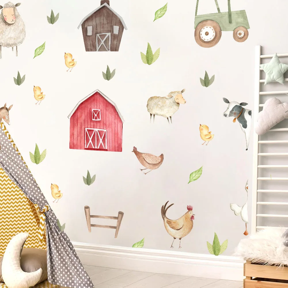 Watercolor Farm Animals Leaf Wall Stickers Kitchen Bedroom Pig Cow Horse Sheep Lamb Chicken Donkey Duck Wall Decals Decor