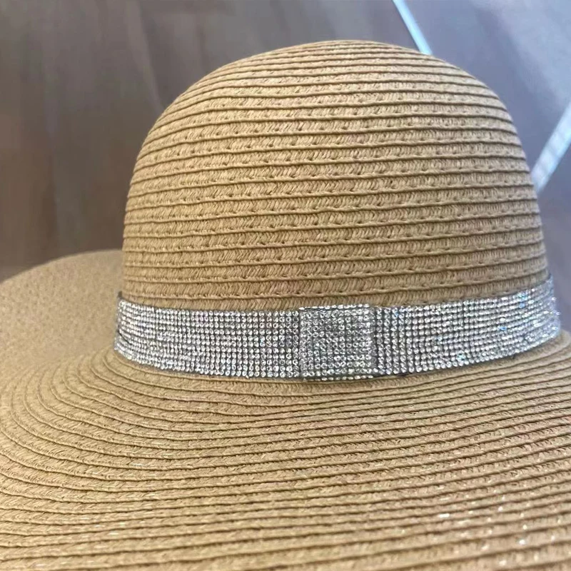 Sommer Einfarbig Mode Rhinestone14cm Übergroßen Sonnenhut Damen Strand Sonnencreme Stroh Hut Reise Faltbare Uv Panama Großhandel – Detail 24