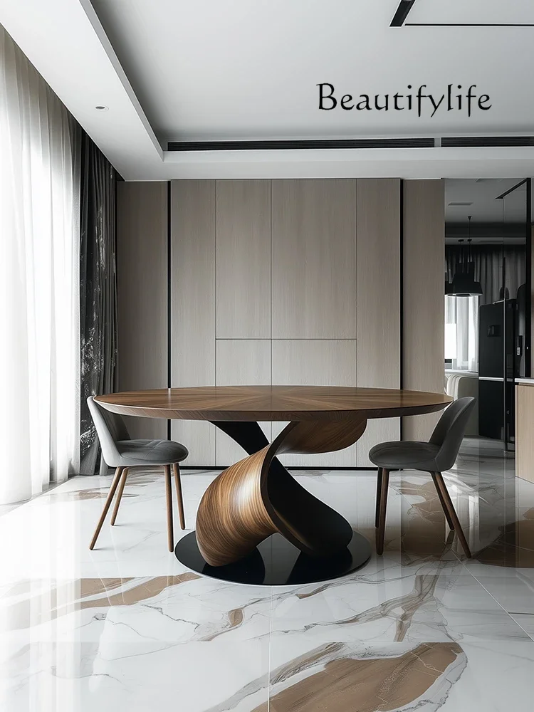 N44 All solid wood round dining table high-end villa living room home round table Nordic art creative restaurant dining table