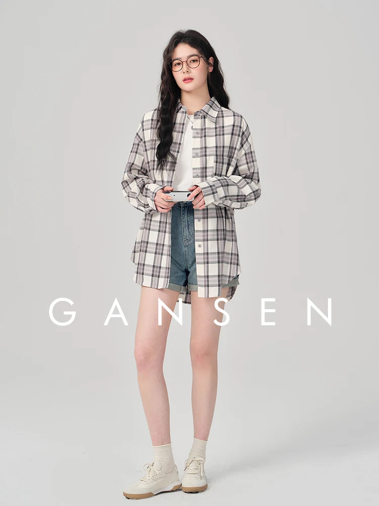 

Gansen Retro Plaid Long Sve Cotton irt Women's Loose Fit Midi irt Vintage Sle Straight Cut Pure Cotton Autumn New Ar...