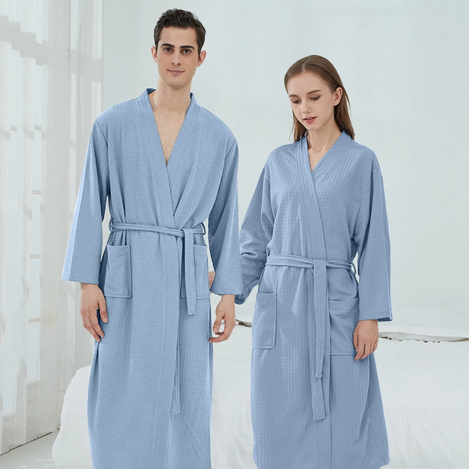 Waffle Bathrobe For Ladies Men Couple Cloth Robe Sleepwear Dressing Gown With Pocket V-Neck Lace-Up New In Women\'s Sleepwear