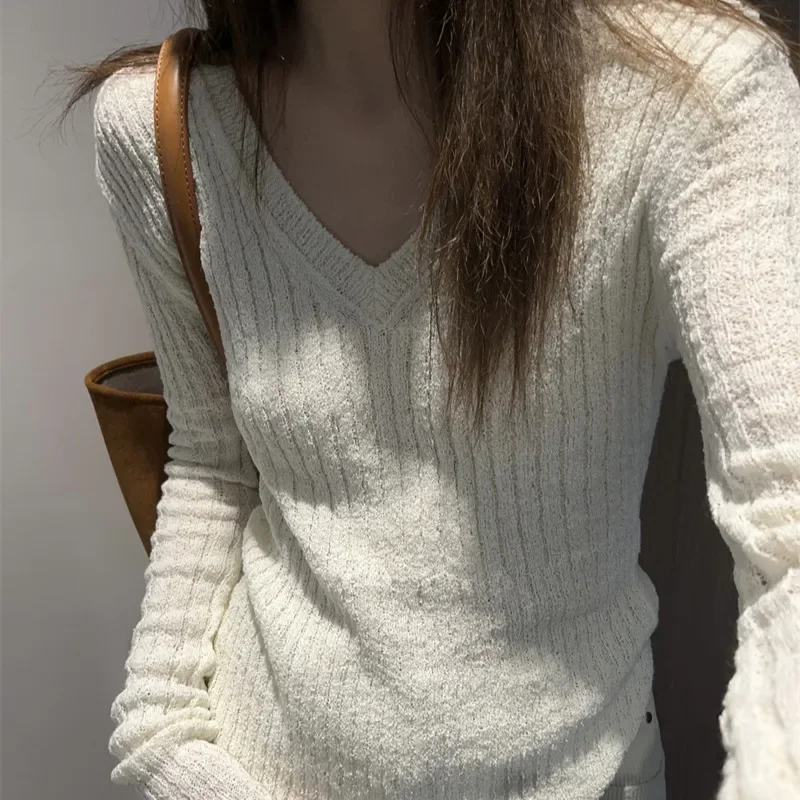 البلوفرات النسائية الخامس الرقبة محبوك العطاء الجلد ودية التخسيس سترة الأساسية الداخلية الصلبة السببية كل مباراة القمم الكورية نمط الخريف