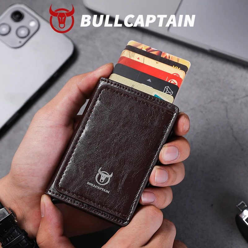 Bullcaptain Credit Card Holder Men Wallet RFID Blocking Protected Aluminium Box Leather Wallets with Money Clip Card Holder