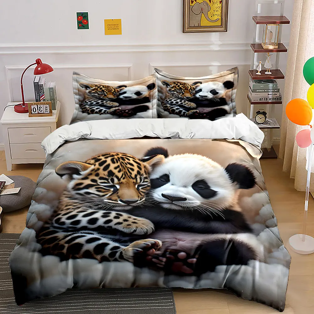 Cuddling leopard cub panda baby Bedding Set for Kids Luxury Gift 3pcs Digital Print Comforter Set Soft Comfortable Breathable