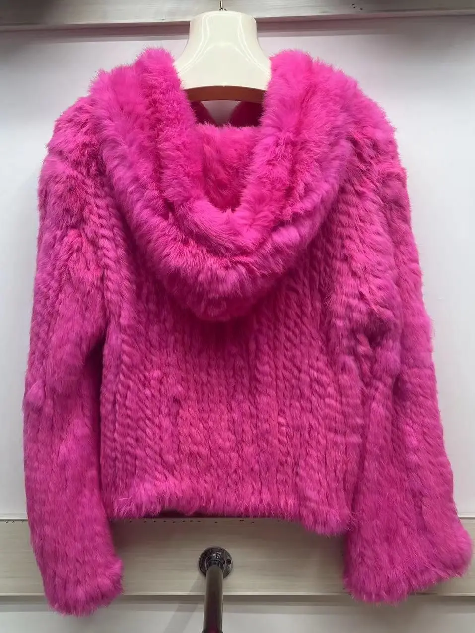 

Rabbit Fur Hooded Coat Long Sleeve Women Casual Loose Knitted Genuine Fur Jacket With Hood Female Natural Fur Outwear