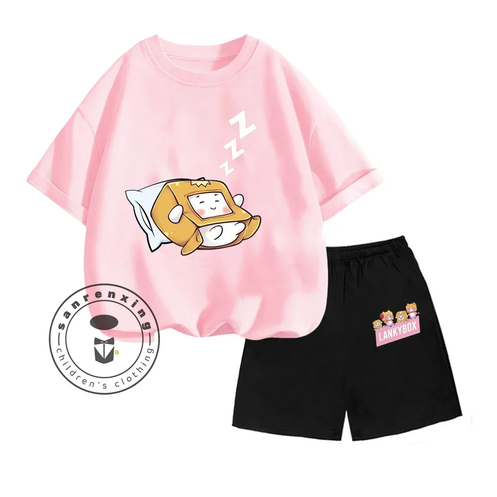 Summer Lankybox Cute Cartoon Print Design O-neck Loose Breathable Short Sleeve and Shorts Kids Summer Casual Two-piece Set