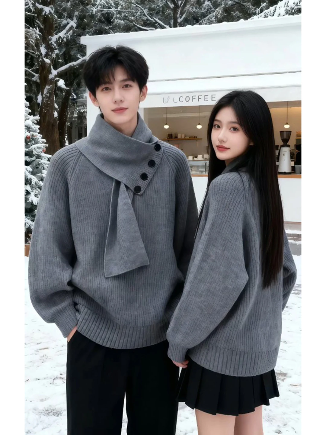 

Съемный вязаный свитер-шарф унисекс для осени и зимы в корейском стиле, с V-образным вырезом, из двух частей, для пар