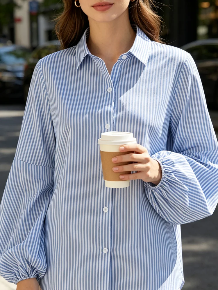 Women Blouse Blue White Vertical Striped Lapel Collar Lantern Long Sleeve Button Down Loose Fit Shirt Casual Office Daily Wear