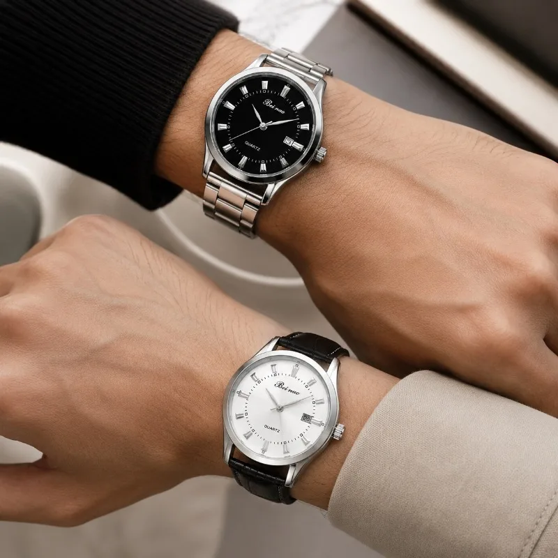 Business Male Wristwatch 2Pcs Fashion Men Quartz Watch with Date Classic Comfort Leather & Metal Band Man Watches Holiday Gift