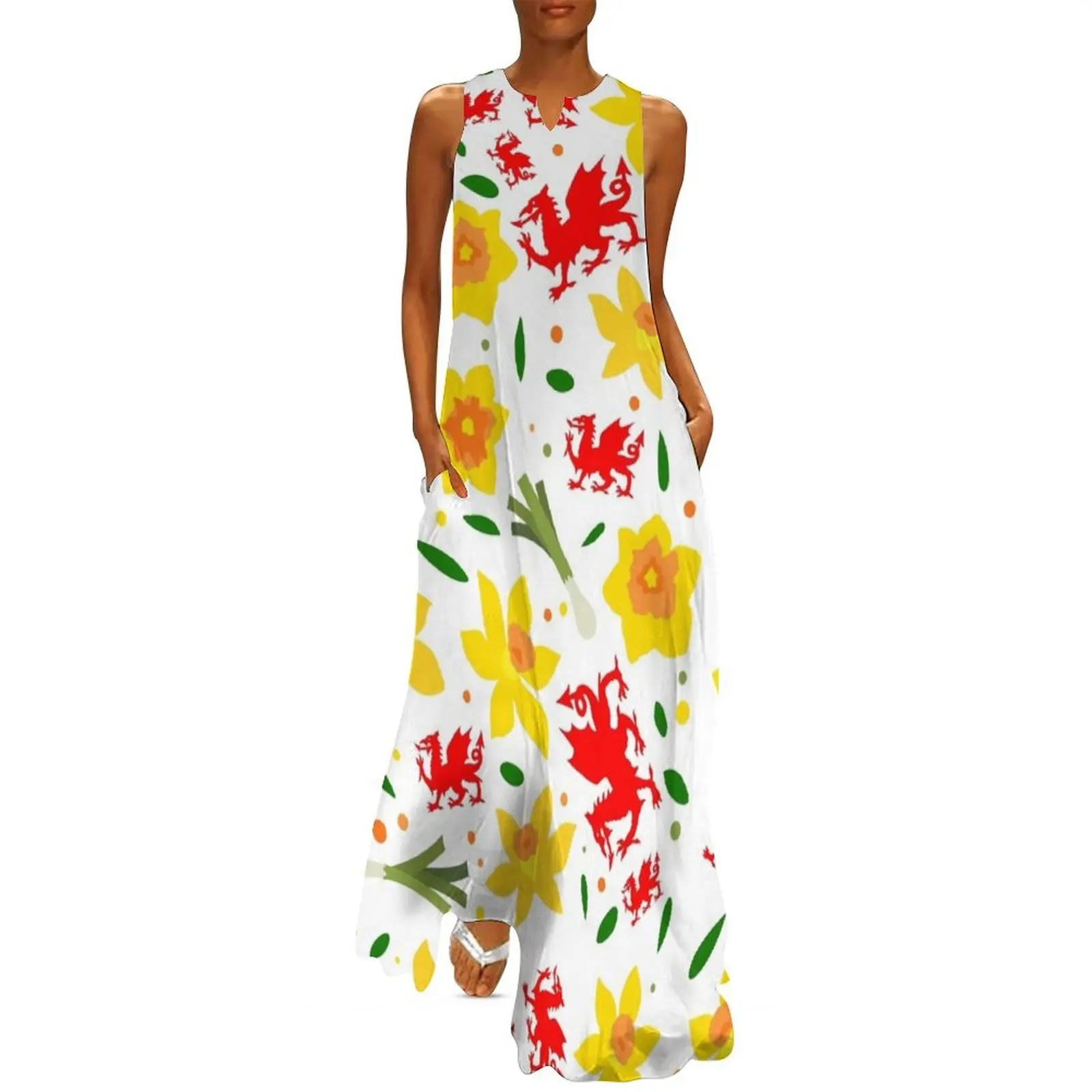 Wales Floral Pattern - Welsh Dragon, Daffodils and Leek Long Dress Evening gown women's summer jumpsuit Dress