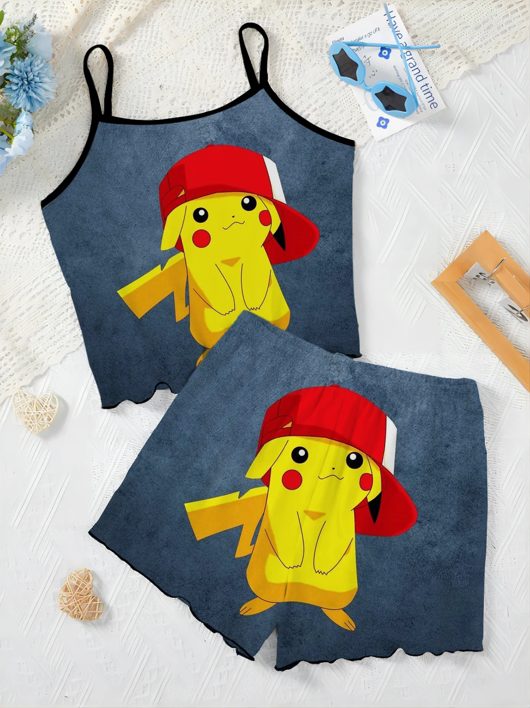 Women's Suit Short Sets Lettuce Trim Top T-shirt Pajama Skirt Slip Dress Pikachu Pokémon Pieces Elegant Home Dress Top Matching