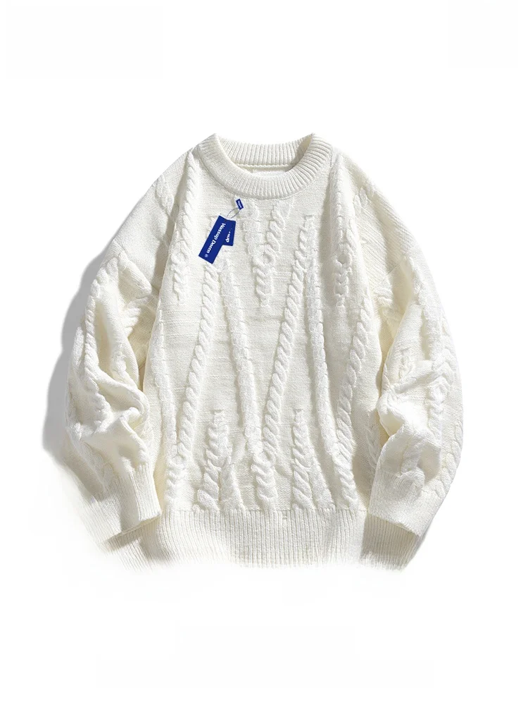 

Wassup Dozen Japanese Sle Color Men's Lazy Knitwear Loose Design round Ne Sweater Textured Long Sve Casual Top