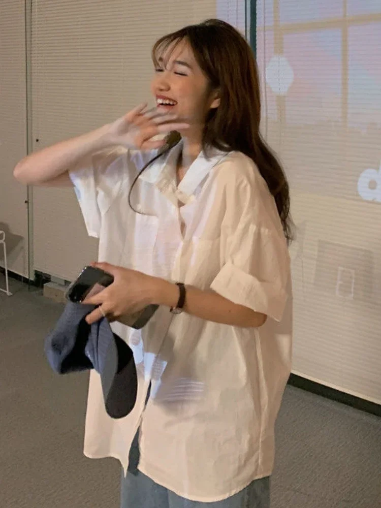 

Рубашки с короткими рукавами женские летние чистые белые мешковатые офисные женские однотонные минималистичные рубашки в корейском стиле модные шикарные универсальные Harajuku Y2k