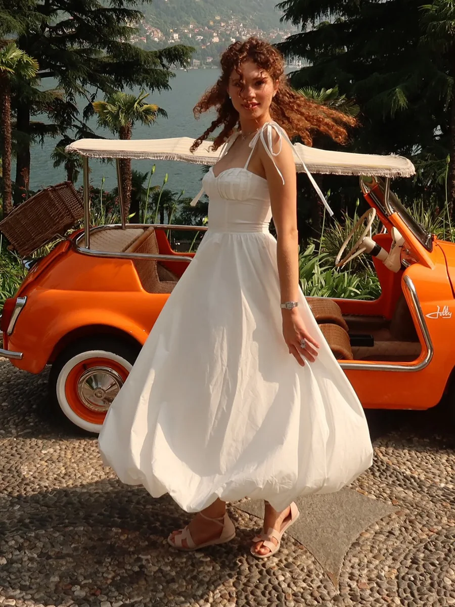 

White Cotton Casual A-line Maxi Dresses Women Sexy Folds Sleeveless Suspender Vestidos Summer Fashion Elegant Holiday Long Dress