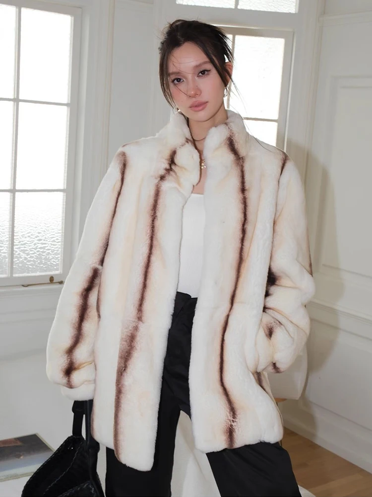 

Mid-length Stand collar Real Fur Coat for Women 2024 New Tie-dye Fluffy Warm Loose Winter Natrual Rex Rabbit Fur Jackets