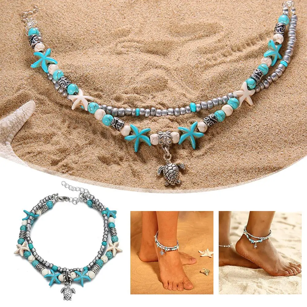 Blue Starfish Anklet Multilayer Charm Beads Sea Handmade Boho Anklet Foot Jewelry For Women Girl Beach Anklets S9t0