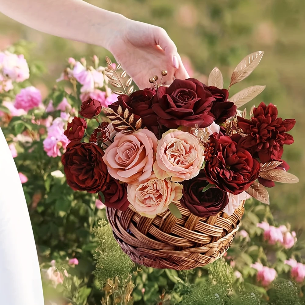 Wine red rose artificial flower combination box, bridal bouquet, outdoor/indoor DIY decoration, holiday decoration flowers