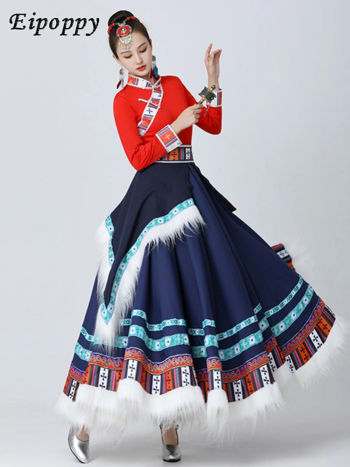 Dance Performance Costumes Minority Adult Art Examination Tibetan Dancing Dress Practice Gradually Mid-Length Dress