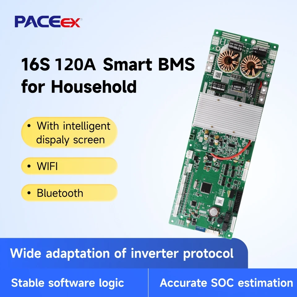 

PACEEX LifePO4 BMS 16S 200A 300A Support WiFi Bluetooth Battery Protection Board CAN RS485 RS232 Communicate to Inverter 48V