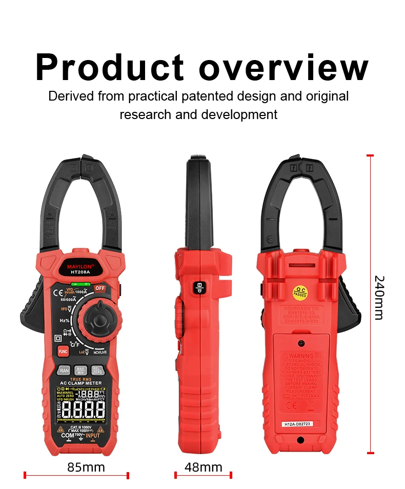 Advanced Digital Multimeter 1000V 1000A Current Clamp Meters Inrush Current VFD Temperature Capacitance Ohm AC DC Tester HT208D