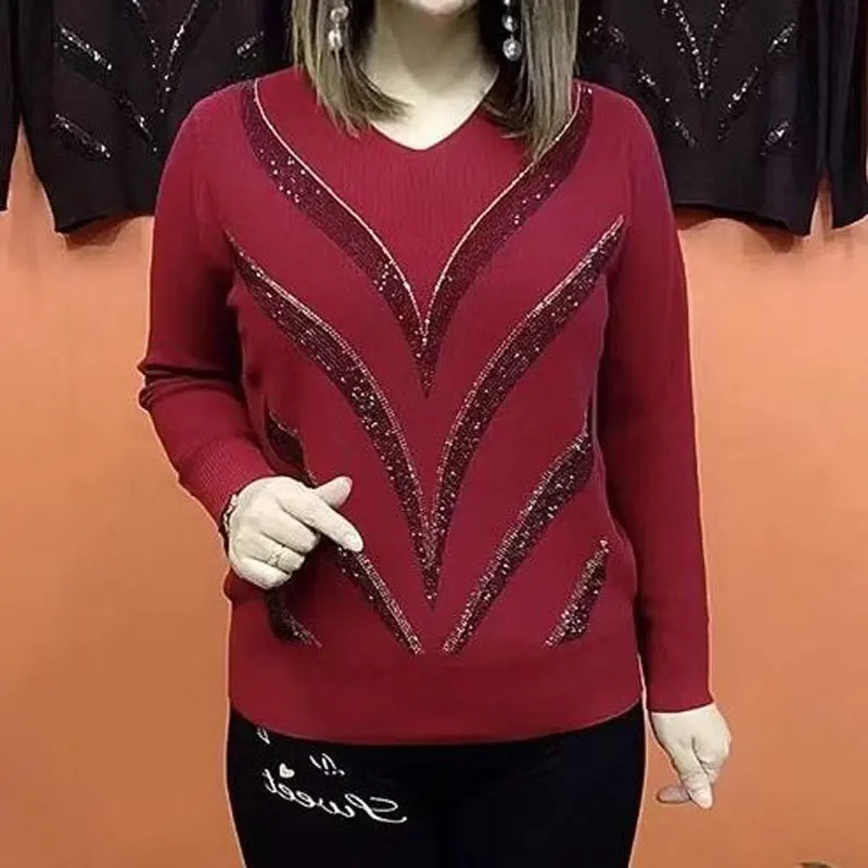 Camiseta de punto con corte de onda de diamantes elegantes para mujer, cuello en V informal, ropa de manga larga, jerséis sueltos de Color sólido,