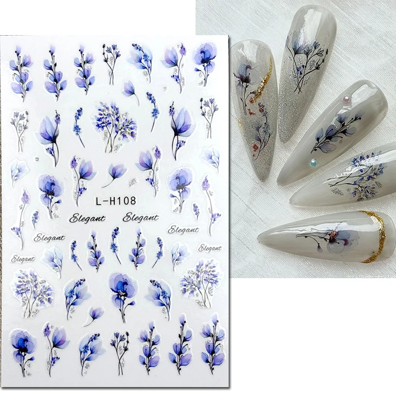

2 шт. 3D-наклейки для ногтей, блестящие, серебристо-голубые, с цветами и листьями, для декора маникюра