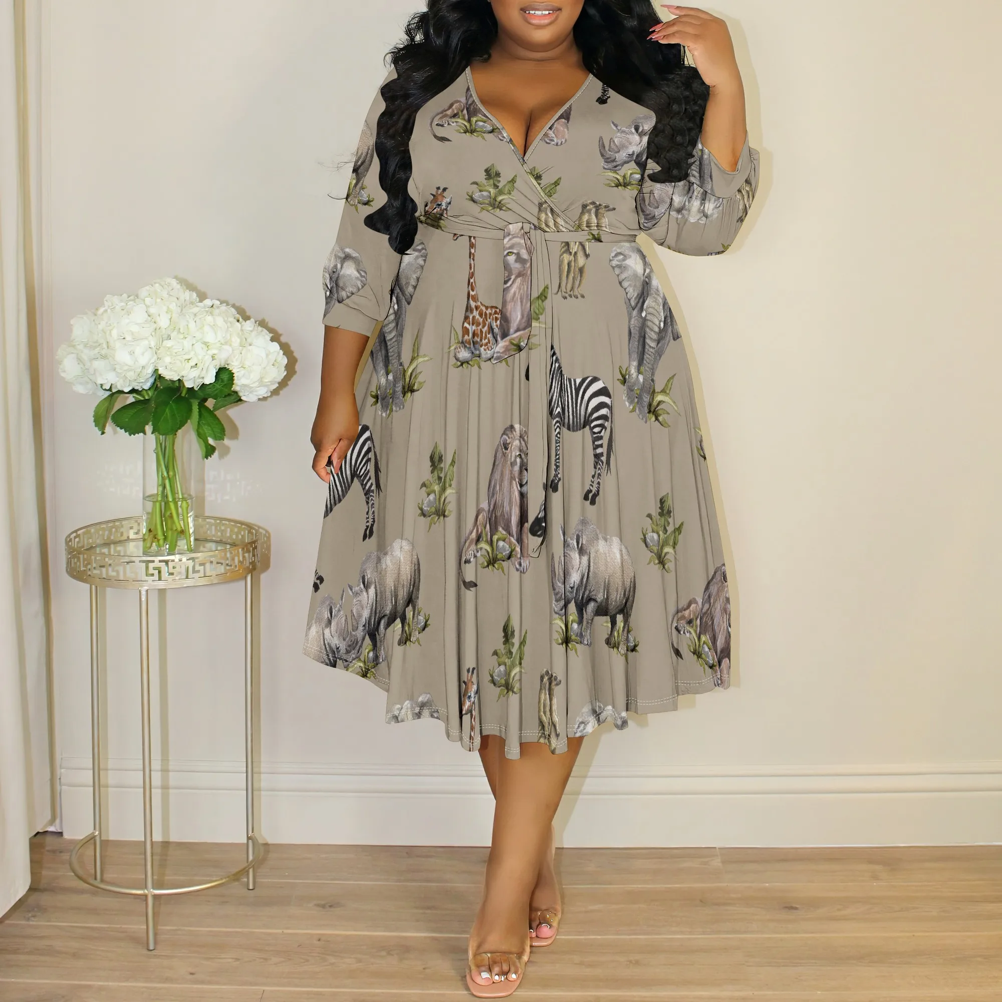 

Plus Size Women's V-Neck A-line Dress 3/4 Sleeve African Safari Animal Print Midi Dress XL-6XL
