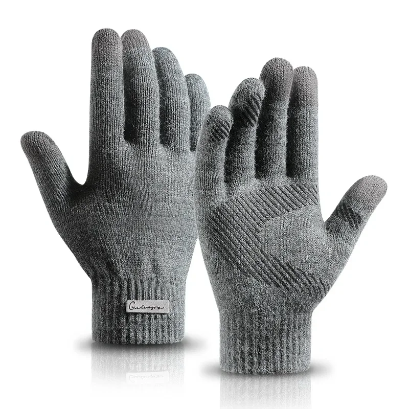 

Autumn and Winter Warm Men's Knitted Gloves Arctic Plush Thick Anti Pilling Wool Touch Screen Anti Slip and Windproof