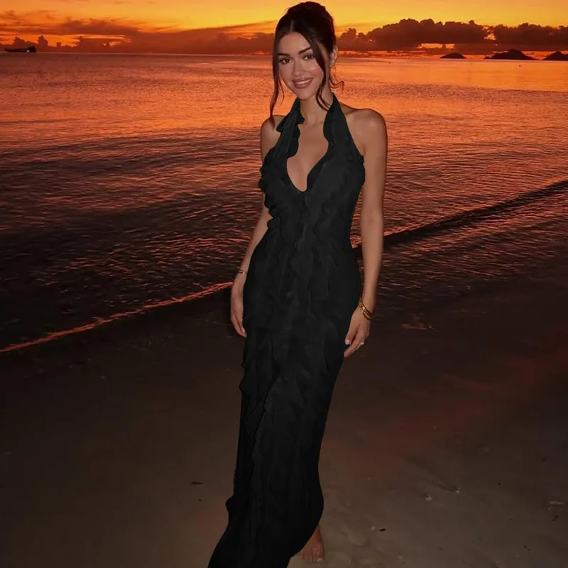 Sólido babados malha em camadas rendas até halter sem costas bodycon maxi vestido de festa feminino sexy decote em v sem mangas férias longo robe