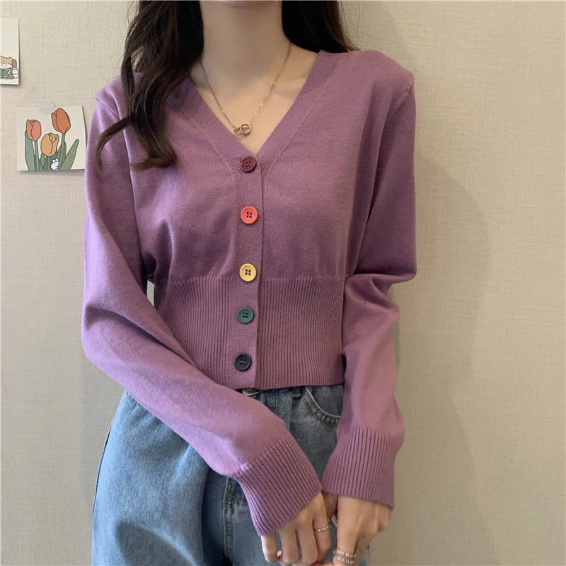 Chic Rainbow Buttons Cardigan Women Casual Long Sleeve V Neck Sweet Knitted Sweaters Korean Fashion Loose Soft Short Cardigan