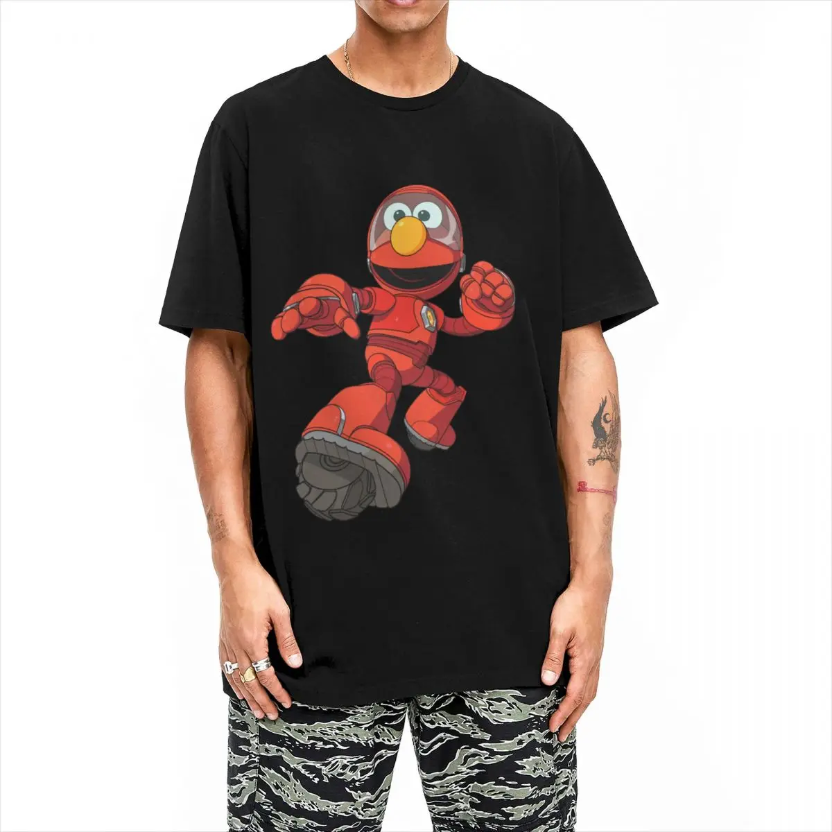 Cookie Monster Mecha Builders Elmo T-Shirt Men\'s Cotton Clothing Hip Hop Crewneck Short Sleeve