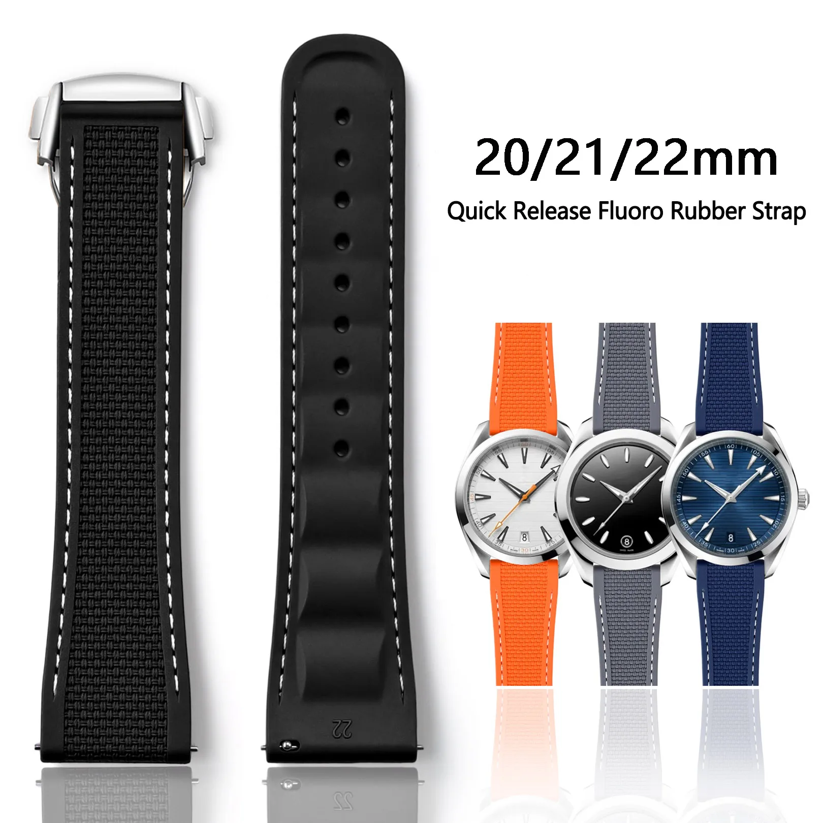 20mm 21mm 22mm  FKM Fluororubber Watch Strap For Omega Seamaster 150 Golden Needle Captain Golf Worldtimer Watchband