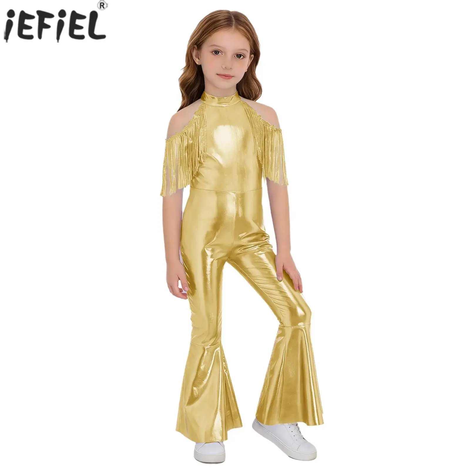 Kids Girls Metallic Shiny Disco Jazz Dance Jumpsuit Tassel Sleeves Sequin Bell-Bottom Bodysuit for Theme Party Stage Performance