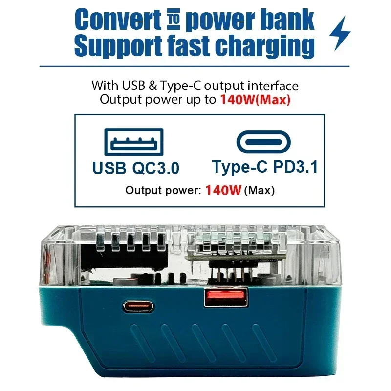 Portable Digital Display Adapter Converter Max 140W Fast Charger for Makita 18V Lithium Battery Charger Power Bank USB Type-C