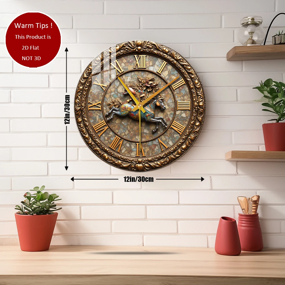 Tempered Glass Wall Clock Galloping Horse with Rider Suitable For Wall Decor or Tabletop Display Anywhere